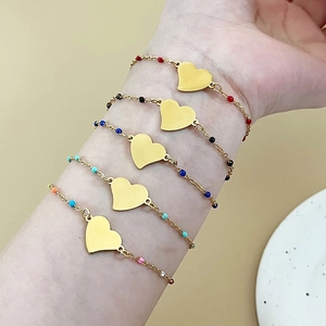 Heart Pendant Bracelet Stainless Steel Colorful Beads Adjustable Chain Sweet Elegant Minimalist Jewelry For Women