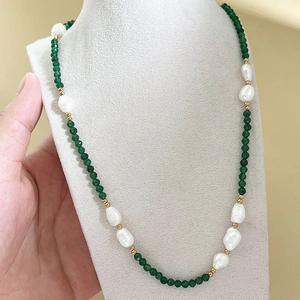 Collana Perle Acqua Dolce Barocche Grani Sfaccettati Verdi Acciaio Inossidabile Gioielli Girocollo Per Donne