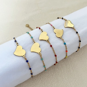 Minimalist gold stainless steel heart bracelets with colorful enamel beads set