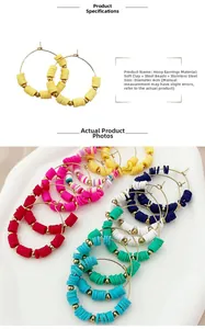 Detail of 4cm diameter bohemian earrings with colorful clay beads and gold steel balls