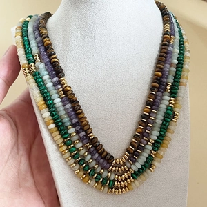 Natural Gemstone Beaded Necklace For Women Retro Elegant Abacus Stone Disk Beads With Gold Color Stainless Steel Spacers