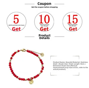 Detail showing 18K gold-plated stainless steel chain with red beads and heart pendant