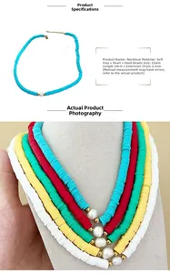 Detail of colorful polymer clay bead necklace with pearls and steel beads, 39cm length