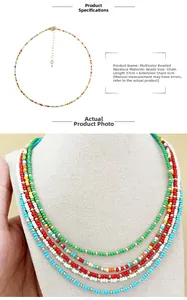 Detail view of multi-color seed bead necklace with gold clasp and size specifications