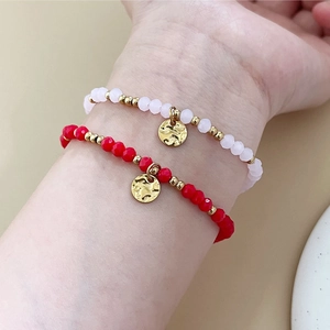 Faceted Beaded Bracelet Stainless Steel 18K Gold Plated Natural Stone Hammered Round Disc Pendant Jewelry For Women
