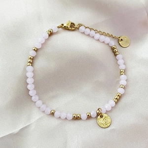 18K gold plated stainless steel bracelet with pink natural stones and gold disc pendant