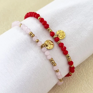 French style 18K gold plated stainless steel bead bracelet with natural stone and round disk