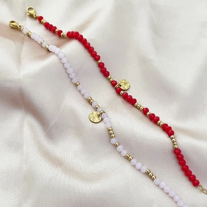 French style 18K gold plated beaded bracelet with hammered metal disc and colorful stones