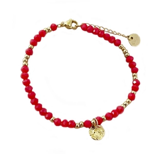 French style 18K gold plated stainless steel bead bracelet with red stones and round charm