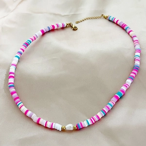 Bohemian colorful polymer clay bead necklace with white pearl and gold clasp for women