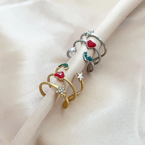 Stainless Steel Triple Layer Open Ring Enamel Heart Star Moon Cubic Zirconia Aesthetic Trendy Adjustable Jewelry For Women