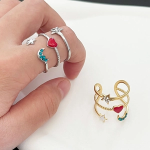 Adjustable multi-layer stainless steel ring with colorful star, moon, and heart charms