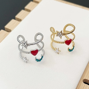 Adjustable stainless steel ring set with colorful stars, moon, and red heart accents