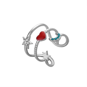 Adjustable silver ring with colorful heart, blue moon, and star pendants for women