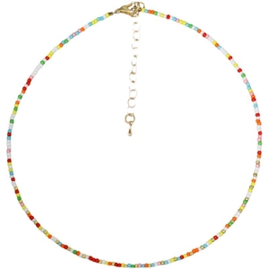 Colorful beaded choker necklace with golden lobster clasp and adjustable metal chain