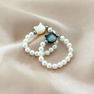 Handmade Cat Eye Stone Mother Of Artificial Pearl Cat Head Beaded Ring For Women Fashion Titanium Steel Artificial Pearl Elastic Finger Ring Jewelry Gift