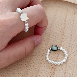 Cat shell pendant pearl beaded ring set in white and black gray kitten silhouette style