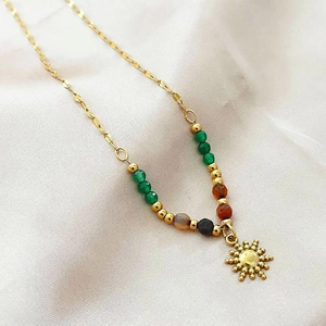 Sun Pendant Necklace 18K Gold Plated Stainless Steel Natural Stone Beads Vintage Bohemian Jewelry For Women