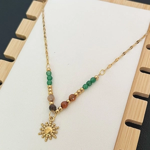 French vintage 18K gold stainless steel sun pendant necklace with natural stone beads