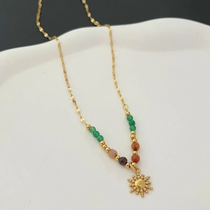 18K gold stainless steel sun pendant necklace with colorful natural stone beads