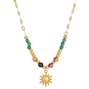 18K gold stainless steel sun pendant necklace with colorful natural stone beads