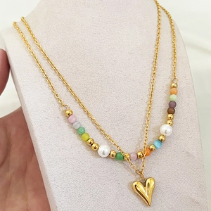 Double Layer Necklace Titanium Steel Colorful Cats Eye Stone Faux Artificial Pearl Heart Pendant French Retro For Women