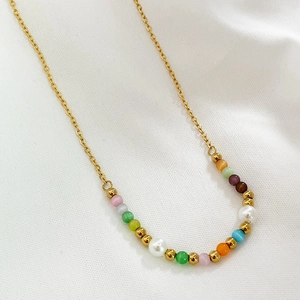 French vintage titanium steel heart necklace with mixed colorful cat eye beads and pearls