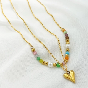 French vintage titanium steel heart necklace with mixed colorful cat eye beads and pearls