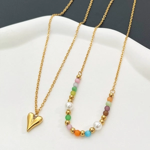 French vintage titanium steel heart pendant necklace with colorful handmade beaded chain