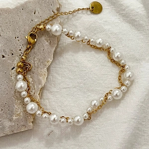 Bracelet De Künstliche Perles Élégant Pour Femme Chaîne En Acier Inoxydable Plqué Or Künstliche Perles D'Imitation Multi-Tailles Bijou Minimaliste
