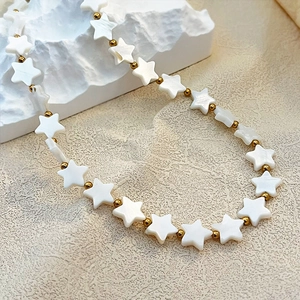 Vintage French star beaded stainless steel necklace with iridescent shells and gold beads