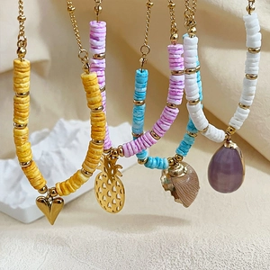 Collier Pendentif Bohème Coquillage Naturel Perles Heishi Chaîne Acier Inoxydable Cuivre Pour Femmes Bijoux Vacances Plage