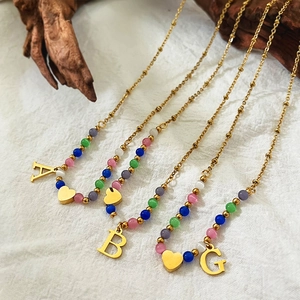 Letter Pendant Necklace With Colorful Cat-Eye Stone Beads And Titanium Steel Heart Charm Boho Clavicle Chain For Women
