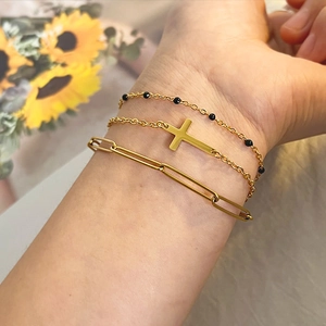 Vintage Cross Pendant Layered Bracelet Stainless Steel 18K Gold Plated With Black Beads Paperclip Chain For Women