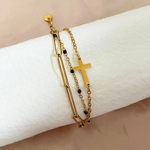 Retro triple layer cross pendant bracelet in 18K gold plated stainless steel for women