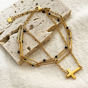 Vintage 18K gold-plated layered cross bracelet with black beads and chunky chain links