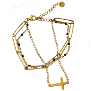 Three-layer gold stainless steel bracelet with cross pendant and black beads detail