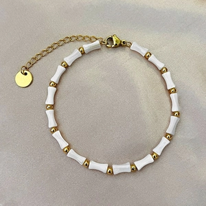 Bracelet Minimaliste En Perles De Coquille Blanche Bambou Acier Inoxydable Bijoux De Mode Élégants Pour Femmes Chaîne Dorée