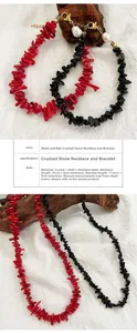 Detail view of red and black stone necklace set with size and material specifications