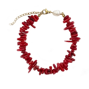 Vintage red irregular natural stone necklace with pearl and gold adjustable chain