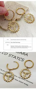 Detailed view of gold stainless steel sun face drop earrings with 2.5cm pendant diameter