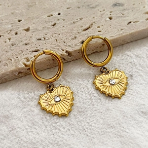 Edelstahl Herz Böser Blick Anhänger Creolen 18K Vergoldet Zirkon Sonnenstrahl Textur Schmuck Für Frauen