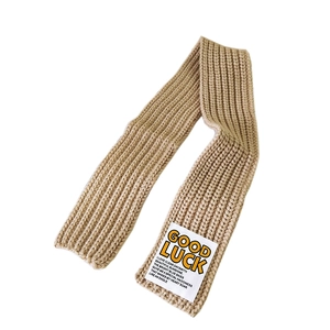 Knitted GOOD LUCK scarf in beige ribbed wool, warm winter neckwear for men and women
