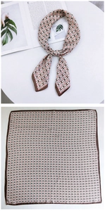 Detail of H-pattern silk square scarf showing bow styling and full layout view