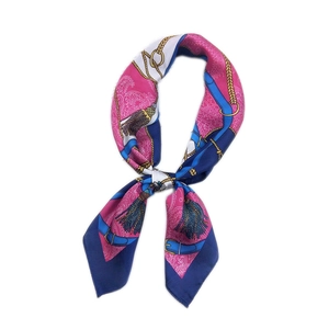 Elegant 70cm square silk scarf with navy and pink chain pattern on white background
