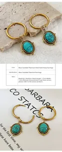 Detail view of gold stainless steel oval earrings with turquoise stone insets
