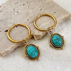 Retro Gold Stainless Steel Hoop Earrings With Oval Turquoise Pendant Vintage Bohemian Geometric Jewelry For Women