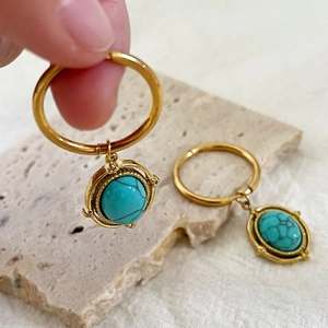 Vintage gold stainless steel earrings with oval turquoise pendant and beaded metal detail