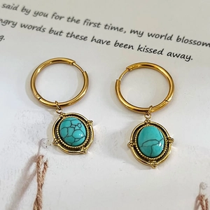 Vintage golden stainless steel oval hoop earrings featuring natural turquoise stone pendants