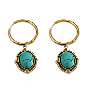 Vintage golden stainless steel oval turquoise drop earrings with retro textured frame